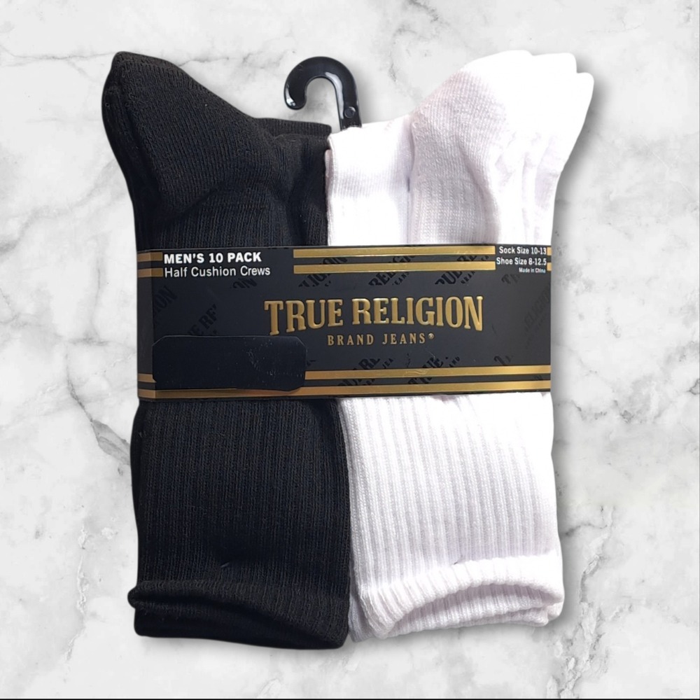 True Religion Half Cushion Crew Socks 10 Pack Sock Size 10-13 Black White Gray